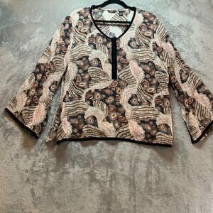 Q.U.E. Womens XL Paisley Print Rayon Blouse Velvet Trim Bell Sleeve V-Neck Top